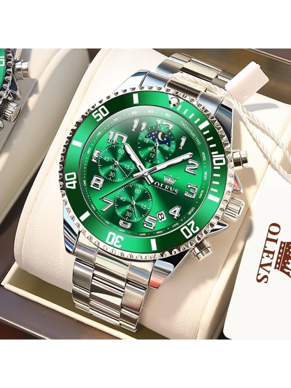 Men's Silver Green Stainless Steel Waterproof Quartz Big Face Fashion Wristwatch - Picture 4 of 6